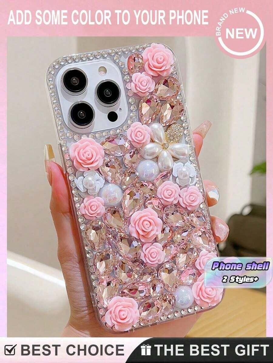 Flower Element Fashion Phone Cases Shockproof Sparkling Rhinestone Sequins Pearl Rose Flower Protective Case Compatible With 17 Pro Max, 15 - Pink - View 1