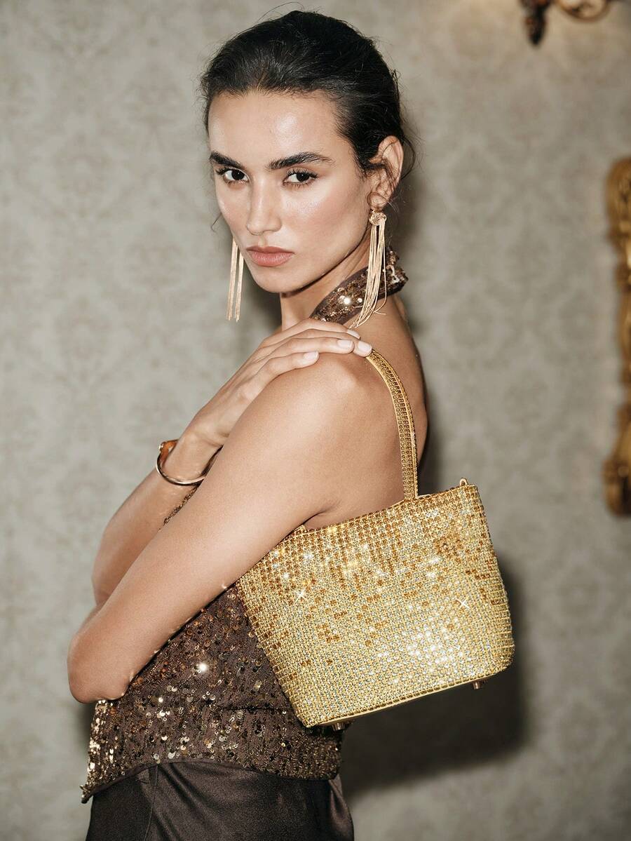 SHECARRY Ladies' Fashion Gold Gradient Sparkling Diamond Dinner Bag, Exquisite Minimalist Bucket Bag, For Parties, Banquets, Festivals, Weddings, Dresses - Gold - View 1