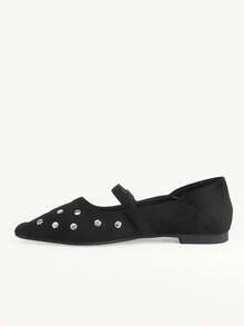 CUCCOO CHICEST New, Imitation Suede Velvet Surface, Rivet Small Square Toe Design, With Buckle, Women's Flat Shoes, Fashionable And Versatile - Black velvet rivets - View 6