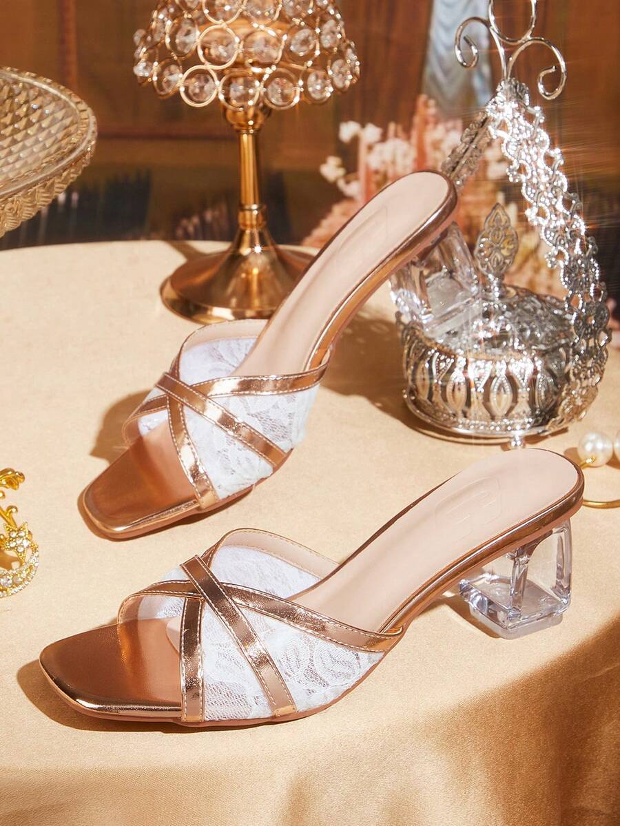 CUCCOO TILAWA Stylish Transparent Special-Shaped Thick-Heeled Women's Slip-On Sandals - Champagne - View 1