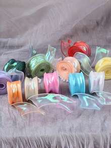 Gradient Iridescent Sheer Organza Ribbon Rolls, 4cm Width, About 9 Meters Per Roll, Shiny Transparent Chiffon Wavy Edge Ribbons For Gift Packaging, Floral Bouquet, Bow Making, Wedding DIY Decor - multicolor - View 4