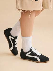 CUCCOO EASI Colorblock Retro German Training Shoes, Low-Top Lace-Up Suede Patchwork, Daily Commute Skate Shoes, Versatile Casual Sports Women's Shoes For Students - Black . . . - View 4