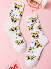 THE POWERPUFF GIRLS X SHEIN 1雙女款中筒襪，柔軟透氣，吸濕排汗休閒襪，卡通條紋圖案，時尚款 - 黑與白 - 查看 6
