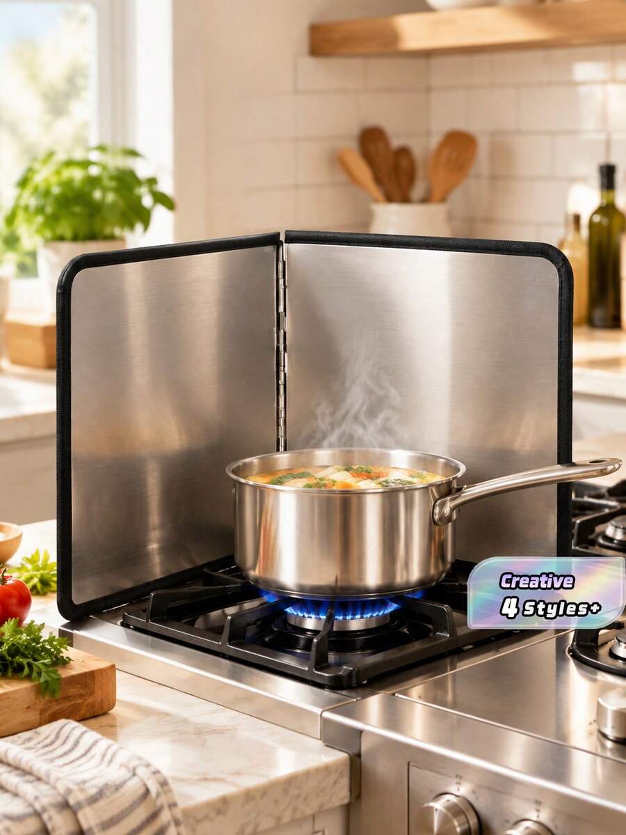 1PC Double Layer Stainless Steel Splash Guard - Heatproof, Non-Stick Kitchen Stove Protector, Foldable Panels For Home, RV, Camping - Multicolor - View 1