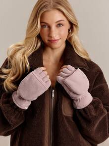 GLOWMODE Cozy Fleece Flip-Top Gloves With Convertible Fingerless Design & Logo Daily Casual Outdoor Fall Winter Wear - Pink - View 5
