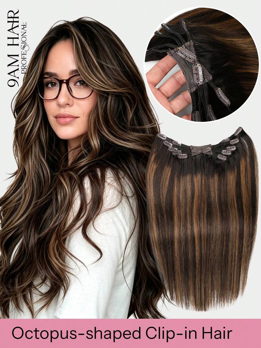 Balayage Brown Octopus Clip‑In Remy Human Hair Extensions One Piece All‑In‑One Multi‑Clips Hair Piece No Glue No Tape Add Full Volume For Women