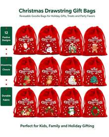 12/6pcs Christmas Drawstring Bags, Reusable Small Packaging Bags, Suitable For Gifts, Santa Claus Gift Bags, Can Be Used For Packaging Candy And Other Small Gifts, Suitable For Christmas Holiday Party Supplies, Jewelry Packaging Bags(Random Styles) - red - View 2