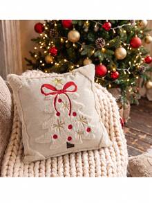 Cirelle 1pc/2pcs Soft Plush Christmas Cushion Cover, Embroidered Christmas Tree Decorative Pillow Case With Bow Knot, Cozy Winter Holiday Throw Pillow Sham For Home Decor - Beige - View 5