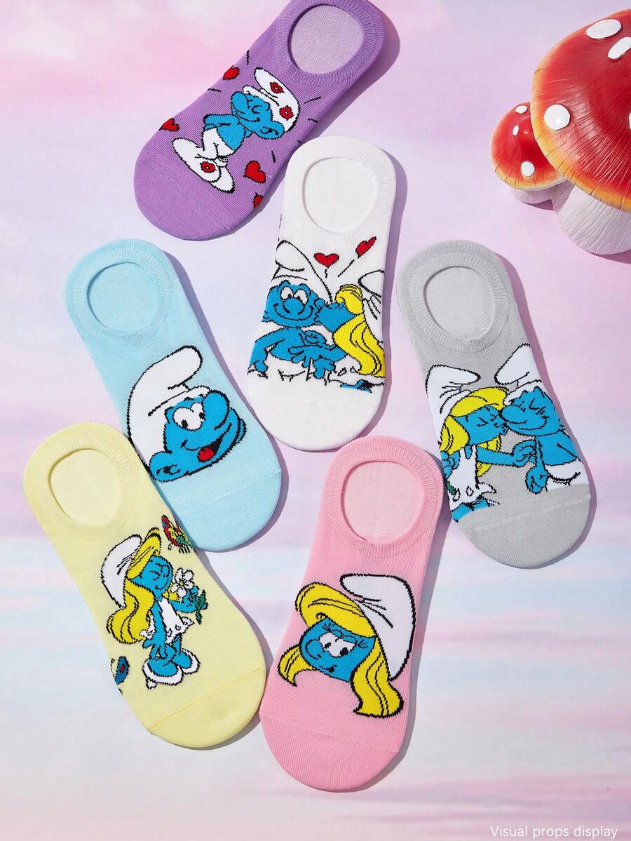 SHEIN X The Smurfs 6雙卡通圖案透氣柔軟船襪,加強腳趾與腳跟,適合四季穿著,女款/女孩,印花襪 - 雜色 - 查看 1