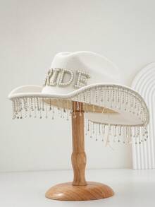 Dealstrict 1pc Women's Solid Color Shiny Wedding Hat. Unique Luxury Crystal Pendant Design, Paired With Faux Pearl Luxury Crystal Pendant Design, - White - View 4