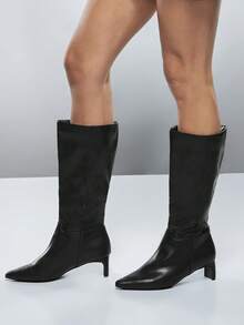 SHEIN SHUZIA Women's Glamorous Sexy Pointy Toe Kitten Heel Knee-High Boots - Black - View 4