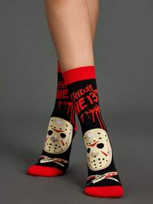 WB Horror X SHEIN 1雙女款中筒襪，保暖舒適，適合日常穿著 - 紅黑 - 查看 6