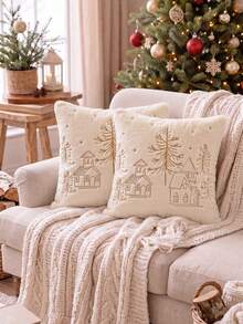 Cirelle 1件/2件裝聖誕人造兔毛抱枕套，金色刺繡裝飾枕套，含馴鹿、雪花、雪人與聖誕樹圖案，奶油色中性冬季節日居家裝飾，適用沙發、臥室、客廳，不含枕芯 - 仿兔毛金色繡線房子 - 查看 8