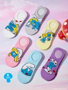 SHEIN X The Smurfs 6雙卡通圖案透氣柔軟船襪，加強腳趾與腳跟，適合四季穿著，女款/女孩，印花襪 - 雜色 - 查看 4