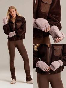 GLOWMODE Cozy Fleece Flip-Top Gloves With Convertible Fingerless Design & Logo Daily Casual Outdoor Fall Winter Wear - Pink - View 8