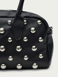 Nöista Black Faux Leather Bowling Bag With Silver-Tone Stud Detailing, Double Top Handles And A Detachable Studded Shoulder Strap. - Black - View 7