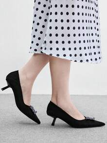 CUCCOO BIZCHIC 麂皮金屬扣尖頭細高跟鞋，女款職場通勤高跟鞋 - 黑色 - 查看 4