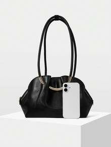 MOTF WOMEN'S FASHION BLACK SHOULDER BAG, EXQUISITE HARDWARE BUCKLE, SIMPLE FAN TOTE BAG, ZIPPER SHELL BAG, FOR DAILY USE, COMMUTING, SHOPPING - Black - View 4