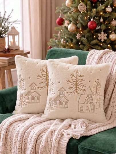 Cirelle 1 buah/2 buah Sarung Bantal Hias Bulu Kelinci Imitasi Natal, Sarung Bantal Dekoratif Bordir Emas dengan Motif Rusa, Kepingan Salju, Manusia Salju & Pohon Natal, Dekorasi Rumah Liburan Musim Dingin Netral Warna Krem untuk Sofa, Kamar Tidur, Ruang Tamu, Isian Bantal Tidak Termasuk