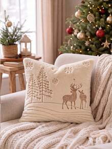 Cirelle 1件/2件裝聖誕仿真兔毛抱枕套，金色刺繡裝飾枕殼，含馴鹿、雪花、雪人與聖誕樹圖案，奶油色中性冬季節日居家裝飾，適用沙發、臥室、客廳，不含枕芯 - 仿兔毛金色繡線小鹿 - 查看 7
