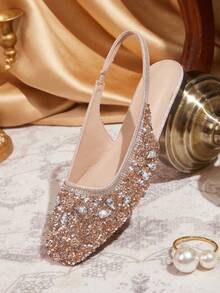 CUCCOO TILAWA Women's New Champagne Rhinestone Sparkling Square Toe Flat Shoes, Elegant Party And Date Outfit - Champagne - View 2
