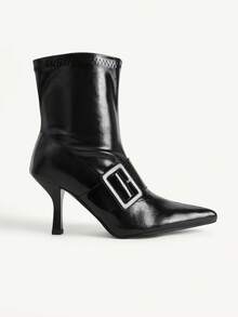 CUCCOO CHICEST Women's Fashion Pointed Middle Heel Square Bag Buckle Black Oily Leather Fabric Slip-On Medium Boots Fall Boots - Black - View 2