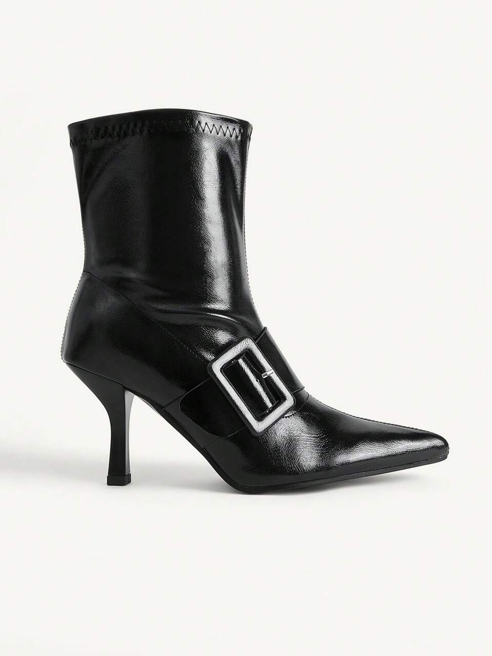 CUCCOO CHICEST Women's Fashion Pointed Middle Heel Square Bag Buckle Black Oily Leather Fabric Slip-On Medium Boots