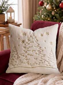 Cirelle 1pc/2pcs Christmas Faux Rabbit Fur Throw Pillow Covers, Golden Embroidered Decorative Pillow Shell With Reindeer,Snowflake, Snowman&Christmas Tree Motifs,Cream Neutral Winter Holiday Home Decor For Sofa, Bedroom,Living Room,Pillow Insert Not Included - Imitation rabbit fur golden embroidery thread pine tree - View 2