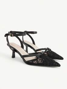 CUCCOO CHICEST Eleganta högklackade skor för dam med rosett, blomma, mesh, andningsbara, moderiktiga, mångsidiga, spetsiga och tunn klack, vår - Svart - Visa 4