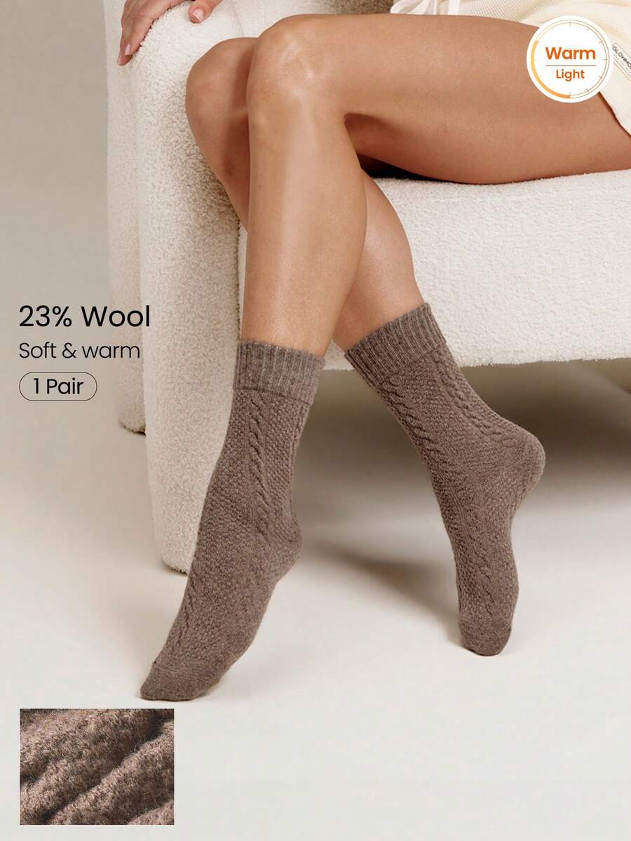 GLOWMODE 1 Pack 23% Wool Cable Knit Tube Socks With Slouch Styling & Soft Reinforced Cuff Daily Casual Fall Winter Wear - Light coffee - View 1