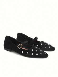 CUCCOO CHICEST New, Imitation Suede Velvet Surface, Rivet Small Square Toe Design, With Buckle, Women's Flat Shoes, Fashionable And Versatile - Black velvet rivets - View 2