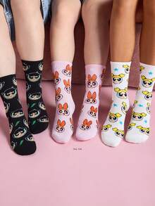 THE POWERPUFF GIRLS X SHEIN 1雙女款中筒襪，柔軟透氣、吸濕排汗休閒襪，卡通條紋圖案，時尚款 - 粉色 - 查看 4