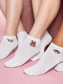 THE POWERPUFF GIRLS X SHEIN 3雙舒適可愛卡通圖案船襪 - 白色 - 查看 2