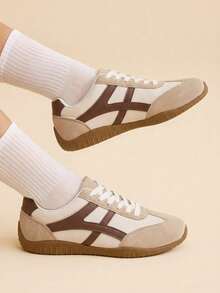 CUCCOO EASI Light Brown Suede Closed Toe Vintage Cream & Dark Brown Colorblock Casual Flat Commuter Shoes - Beige - - View 5