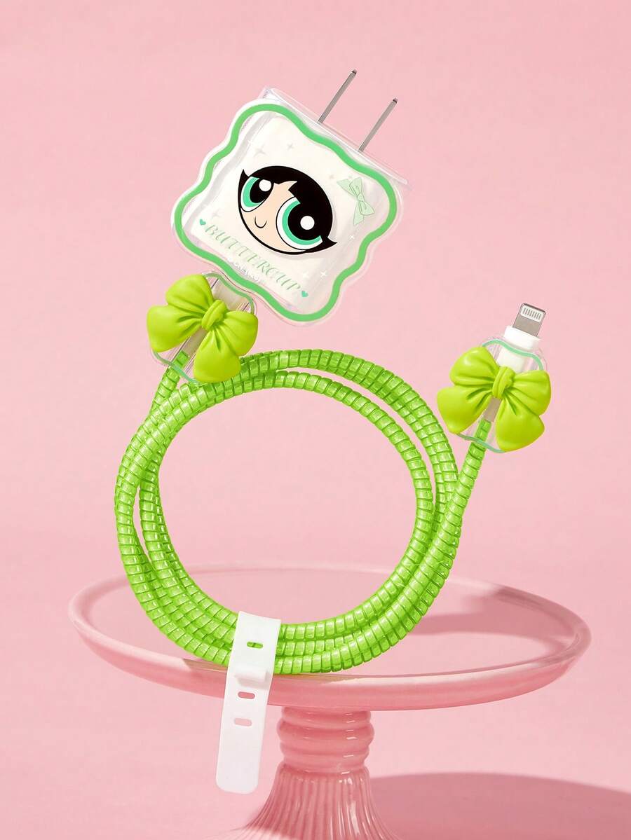 THE POWERPUFF GIRLS X SHEIN Data Cable Protector, Suitable For IPhone Charger, 4-Piece Set Of Mobile Phone Cable Protectors, Charger Protector (Excluding Data Cable) - Green - View 1