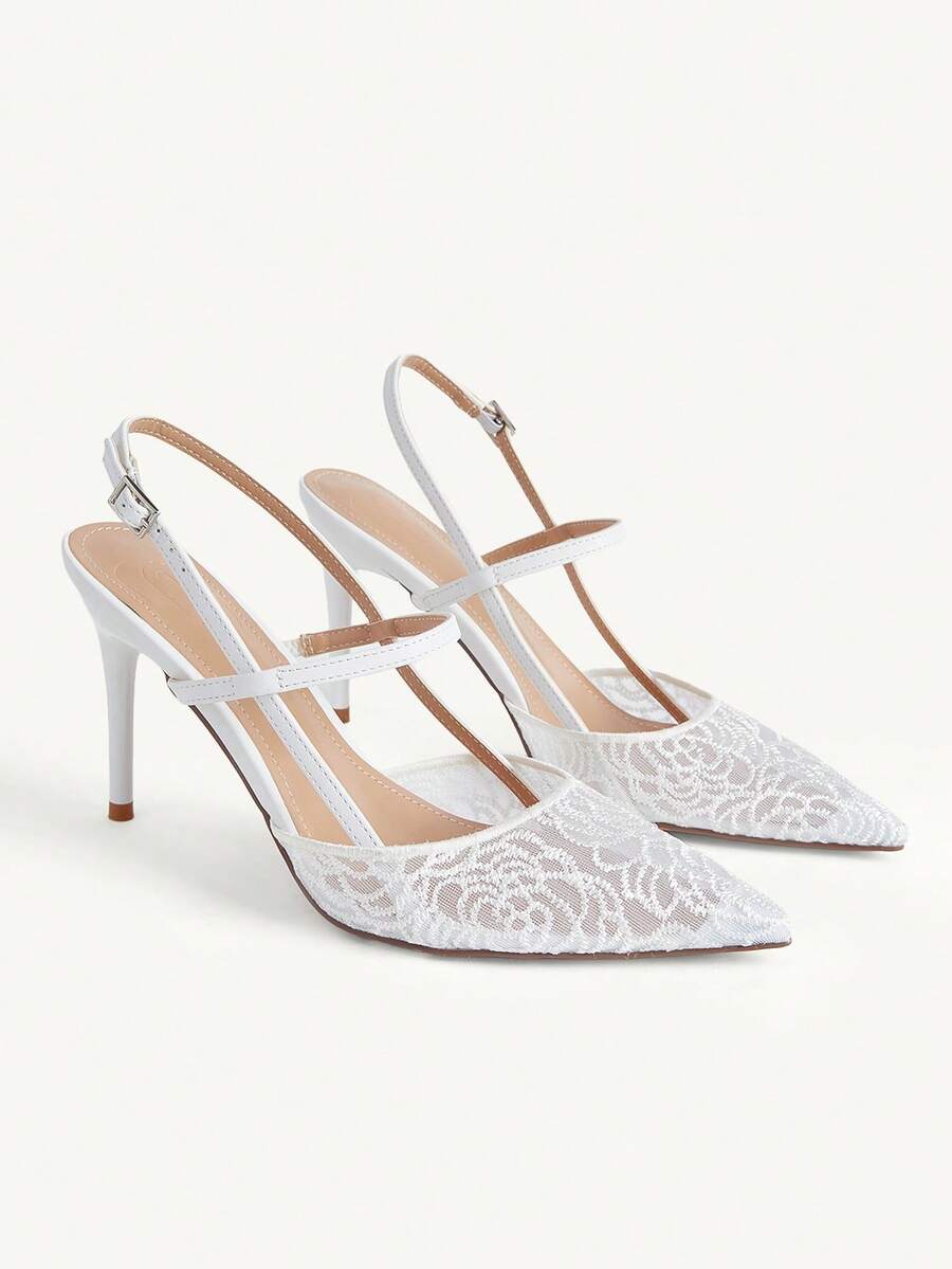 CUCCOO CHICEST Women's Fashion And Sexy Pointed Toe Round Vamp Back Empty Toe Rose Pattern Lace Fabric. High Heel Fine Heel Paint And Apricot Cross Mules - White - View 1