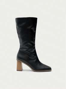 Nöista Retro Square Toe Thick Heel Boots Elegant Commuting Wood Grain Thick Heel High Boots Autumn And Winter Thin Versatile Square Toe Medium Heel Fall Boots - Black - View 5