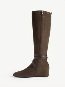 CUCCOO CHICEST Dark Brown Imitation Suede Rhinestone Square Buckle Strap High Boots, Maillard Style Square Toe Invisible Inner Heightening Long Knight Boots Fall Boots - Brown - View 6