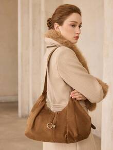 MOTF WOMEN'S FASHION BROWN SHOULDER BAG, RING HARDWARE DECORATION, SOFT SUEDE LARGE CAPACITY TOTE BAG, FOR DAILY SHOPPING COMMUTE - Brown - View 7