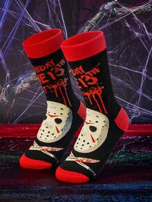 WB Horror X SHEIN 1雙女款中筒襪，保暖舒適，適合日常穿著 - 紅黑 - 查看 3