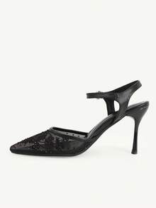 CUCCOO CHICEST Pointed Fashion Elegant Hollow Mesh Embroidery Thread Rhinestone Elegant Banquet Thin Heel High Heel Hollow Black Shoes - Black - View 6