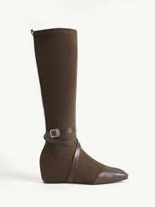 CUCCOO CHICEST Dark Brown Imitation Suede Rhinestone Square Buckle Strap High Boots, Maillard Style Square Toe Invisible Inner Heightening Long Knight Boots Fall Boots - Brown - View 1