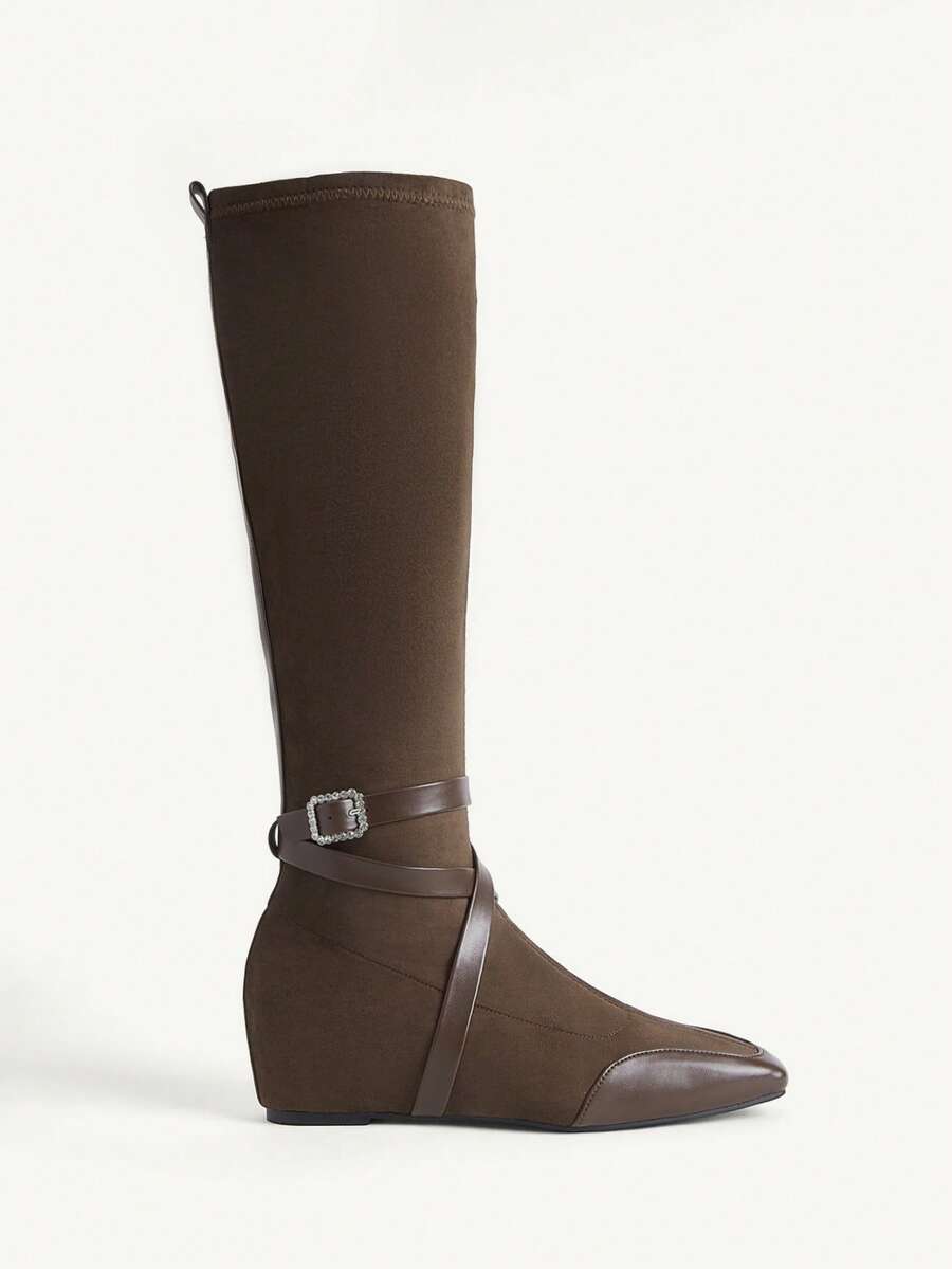 CUCCOO CHICEST Dark Brown Imitation Suede Rhinestone Square Buckle Strap High Boots, Maillard Style Square Toe Invisible Inner Heightening Long Knight Boots Fall Boots - Brown - View 1