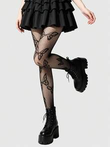ROMWE 1 Pair Gothic Sweet Butterfly Pattern Fishnet Tights/Stockings, Halloween - Black - View 2