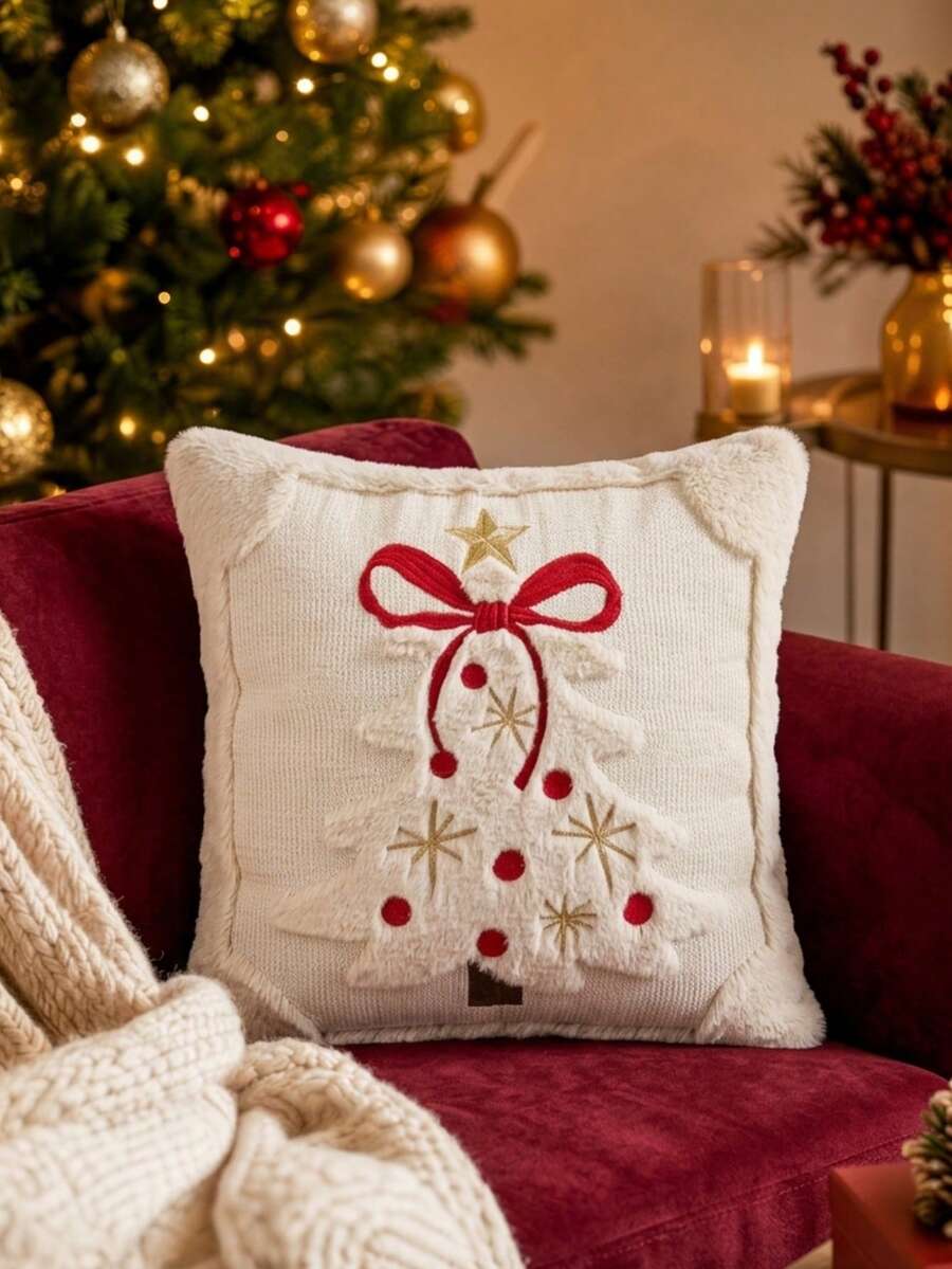 Cirelle 1pc/2pcs Soft Plush Christmas Cushion Cover, Embroidered Christmas Tree Decorative Pillow Case With Bow Knot, Cozy Winter Holiday Throw Pillow Sham For Home Decor - Beige - View 1