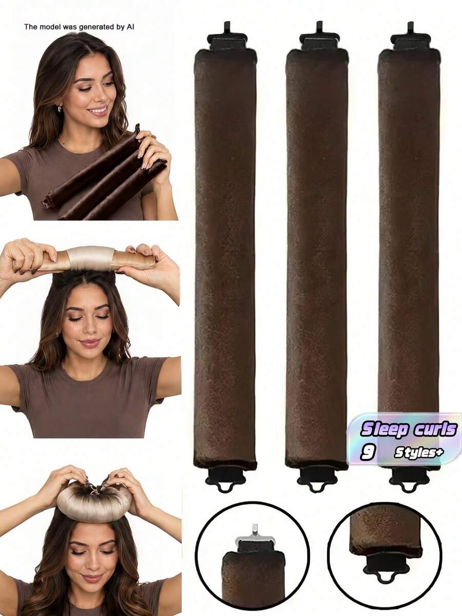 1/3PCS Heatless Curling Iron Set, Satin Material Rollers, Flexible Metal Accessories, High Elasticity, Sleep Foam Sponge Heatless Curling Iron, Large Wave Hair Ring Set, Lazy Curling Iron, Suitable For Sleep, Creating Relaxed And Natural Loose Curls