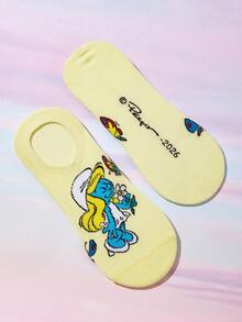 SHEIN X The Smurfs 6雙卡通圖案透氣柔軟船襪，加強腳趾與腳跟，適合四季穿著，女款/女孩，印花襪 - 雜色 - 查看 14