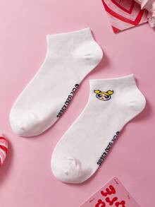 THE POWERPUFF GIRLS X SHEIN 3雙舒適可愛卡通圖案船襪 - 白色 - 查看 8