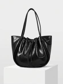MOTF WOMEN'S FASHION BLACK TOTE BAG, EXQUISITE BALL PENDANT, CLASSIC RETRO OIL WAX SUCTION LARGE-CAPACITY SHOULDER BAG, FOR DAILY, COMMUTING, SHOPPING - Black - View 4
