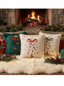 Cirelle 1pc/2pcs Soft Plush Christmas Cushion Cover, Embroidered Christmas Tree Decorative Pillow Case With Bow Knot, Cozy Winter Holiday Throw Pillow Sham For Home Decor - Beige - View 9